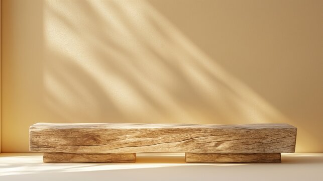 Old wooden stand by beige wall banner background copy space. Weathered podium for product image backdrop empty. Minimalist promo design concept composition front view, copyspace