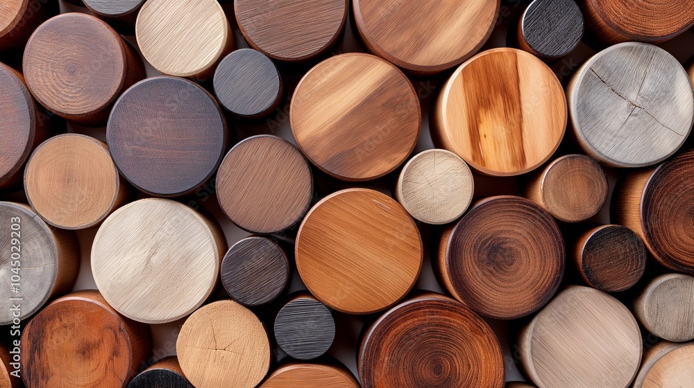Poster natural logs of various sizes banner background copy space. round wooden slabs pattern image backdro