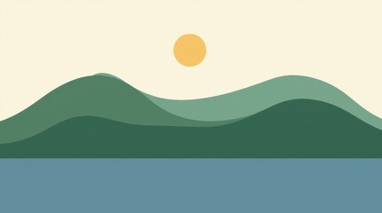 A minimalist mountain scene with three layers: light beige for the sky and dark green for the mountains.
