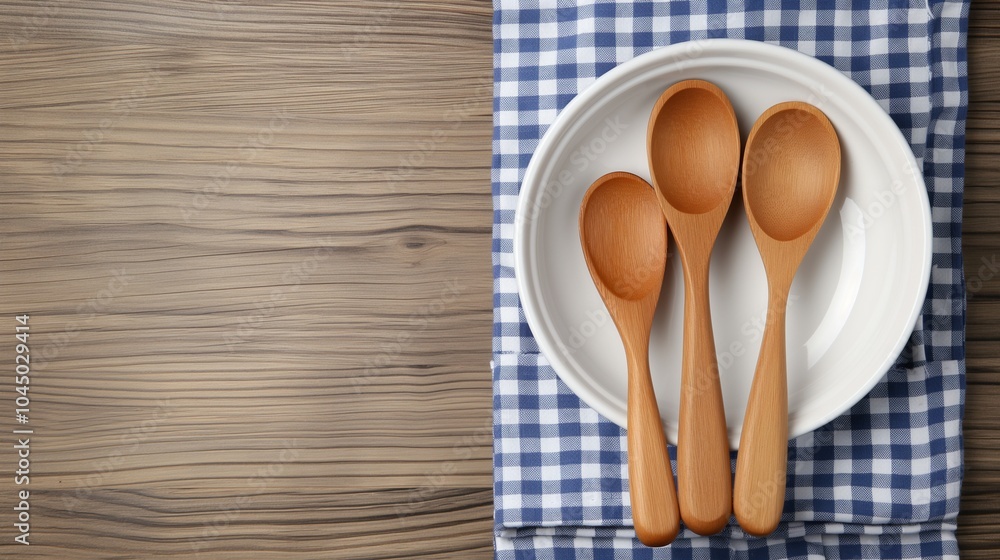 Poster plate with spoons on rustic countertop banner background copy space. country style table setting ima