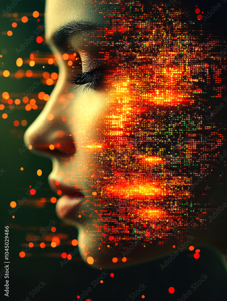 Poster an imaginative artwork depicting a side profile with a fascinating fusion of pixels and light, repre