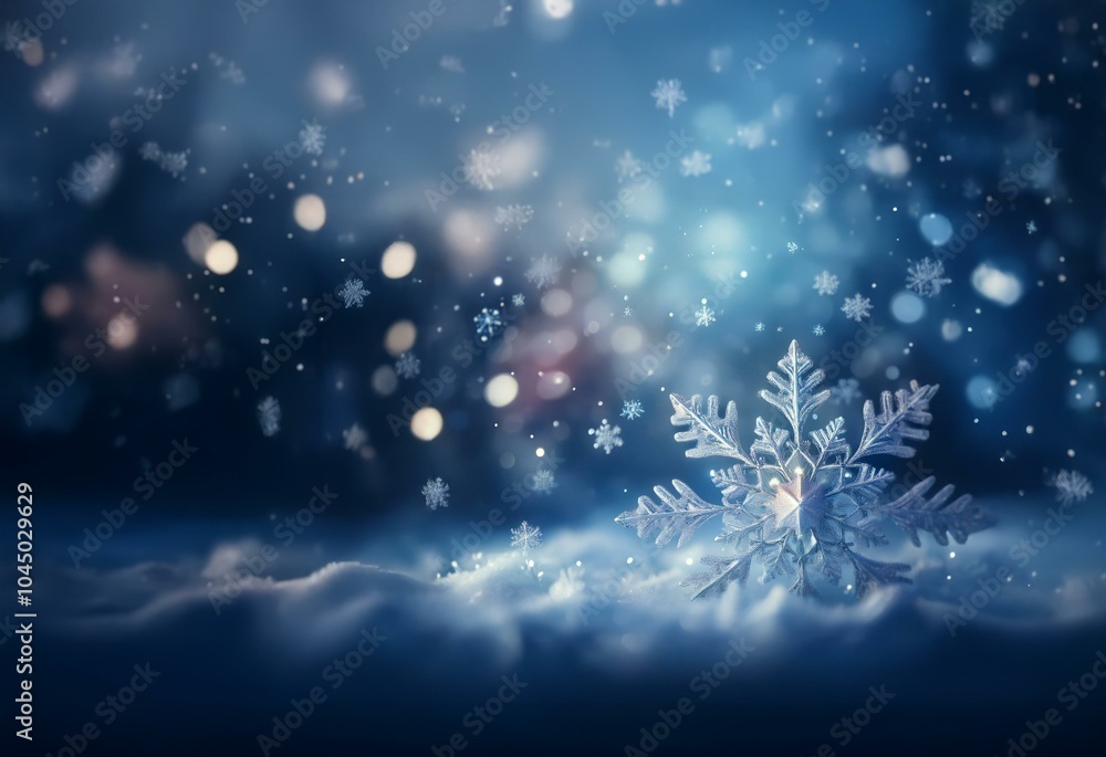 Poster A single snowflake rests on a bed of snow with a blurry background of falling snow and bokeh.