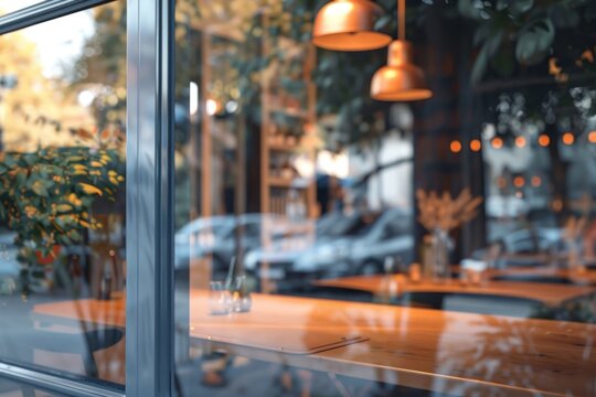 Restaurant window mockup indoors transportation windowsill.