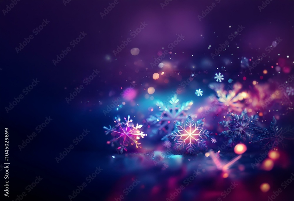 Poster A cluster of sparkling snowflakes in various shades of blue and purple float in a dark, blurry background.