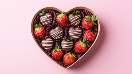 Heart shaped box with delicious chocolate covered strawberries on pink background, top view.