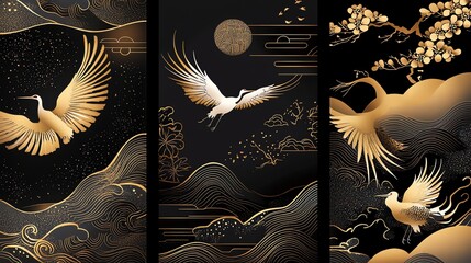 Three different seamless patterns inspired by Japanese and Chinese art with cranes and clouds.