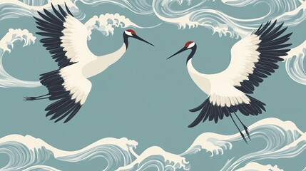 Two white cranes with black wings and red beaks are flying over a blue sea with white waves.