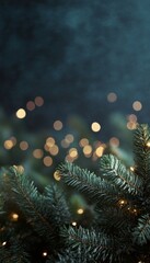 Christmas Tree Branches with Sparkling Lights and Bokeh on Navy Blue, Christmas Background