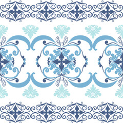 Blue and white classic traditional damask design, seamless pattern, vector illustration. Design for fabric ends and clothing.