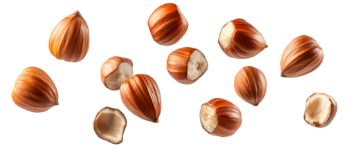 Hazelnuts floating over isolated transparent background