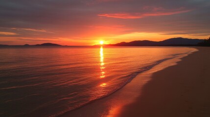 Obraz premium As the sun dips below the horizon, a breathtaking array of red and orange hues paints the sky above a serene Thai beach. Gentle waves kiss the golden sands in the fading light.
