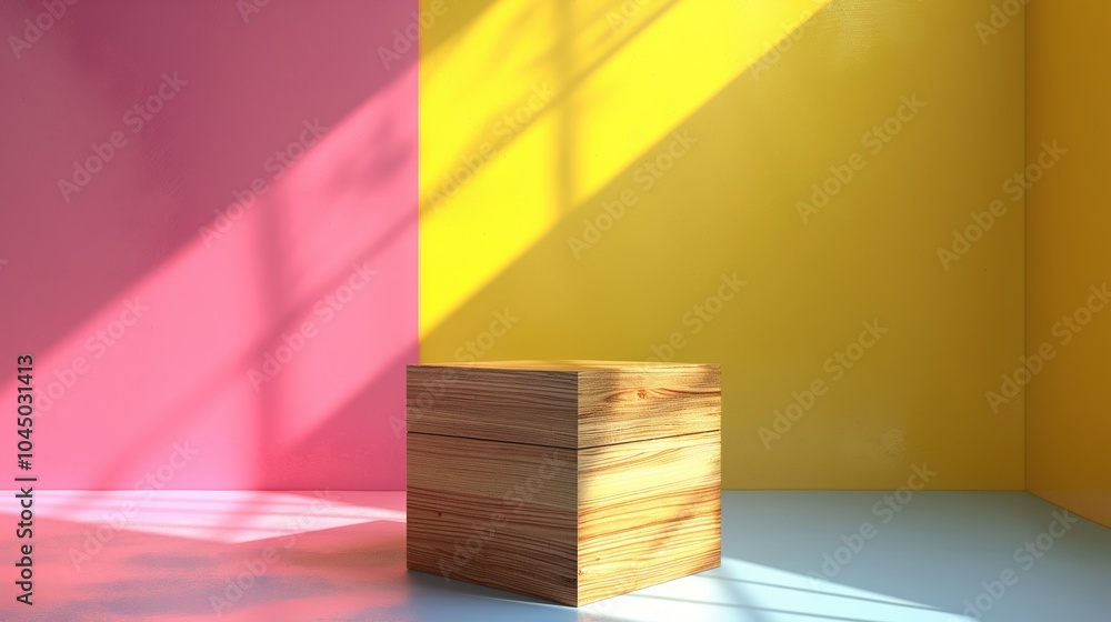 Aufkleber textured wooden cube near multicolor wall banner background copy space. simple podium for commerce i