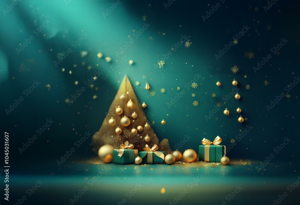 Poster a stylized golden christmas tree with teal ornaments and presents sits in front of a dark teal backd