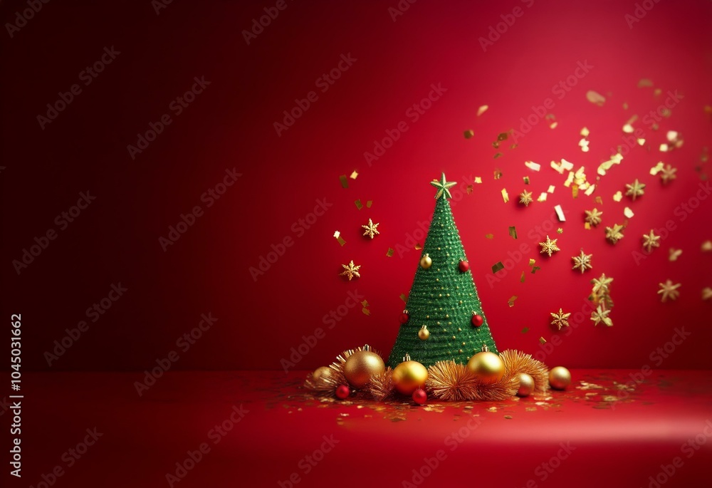 Poster a green christmas tree with gold ornaments on a red background with gold confetti falling around it.