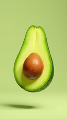A vertical image of an avocado levitating on a calm green background.