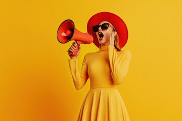 Woman in a yellow dress and red hat with sunglasses holding a megaphone shouting background speaker.