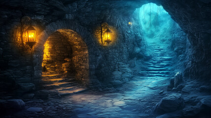 Naklejka premium Fantasy stone cave with glowing lanterns on the walls, Magical trail leading out of ancient cave