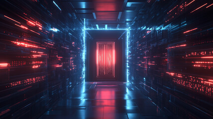 Obraz premium Digital door leading to the future in futuristic polygonal style, technology digital path