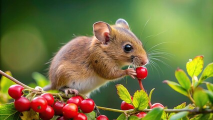 Small brown mouse nibbling on a red berry on a green plant in nature