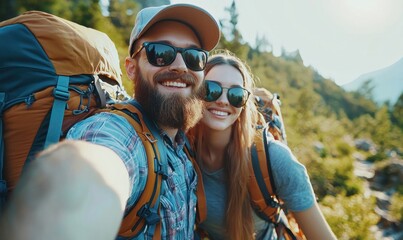 Happy couple wearing sunglasses taking a selfie while hiking with backpacks in a sunny forest Generative AI