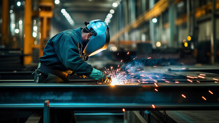 Metal workers wear protective gear while welding metal in a factory, Emphasizing industrial work safety