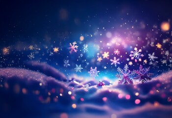 A dreamy winter night scene with sparkling snowflakes falling over a snowy landscape and a bright, colorful sky.