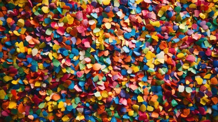 A surface entirely filled with colorful confetti pieces, scattered densely across the frame, creating a bright, festive and celebratory texture.