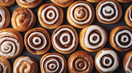 Fototapeta premium A surface filled with various types of cinnamon buns, each drizzled with icing, arranged closely together to fill the frame with warm, sweet textures.