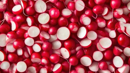 A seamless spread of whole radishes, some sliced, tightly packed together to fill the entire frame with bright red and white textures.