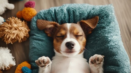 A small puppy sleeps peacefully in a blue fluffy bed surrounded by colorful plush toys, portraying innocence and tranquility in a warm ambiance.