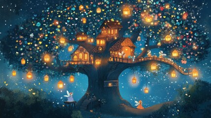 Fototapeta premium Within a vibrant tree adorned with glowing lanterns, fairies and elves joyfully play. Colorful leaves dance in the warm night air, creating an enchanting fairy-tale atmosphere.