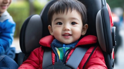 屋外の居心地の良い車の座席に座って、赤いコートを着て笑っている愛らしい子供