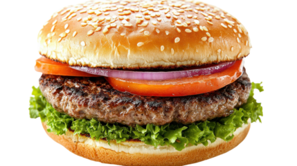 Juicy burger stacked high with fresh vegetables and sesame bun ready to enjoy at a summer cookout