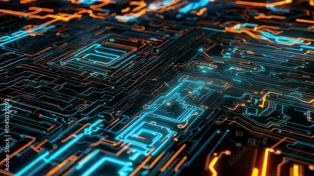 Poster abstract representation of a digital circuit board with glowing blue and orange lines in a dark sett