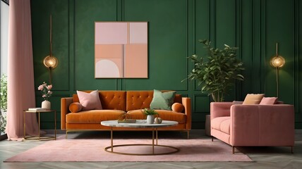 Living room in modern style with orange sofa and pink chair on green wall background.3d rendering.