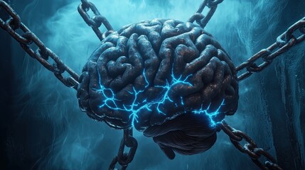 Anatomically accurate human brain wrapped in delicate metallic chains, ethereal blue neural pathways glowing between links, renaissance painting style, dramatic chiaroscuro lighting, volumetric fog