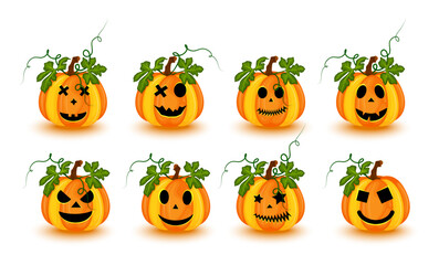 Set of Halloween pumpkins with different faces isolated on white background. vector illustration