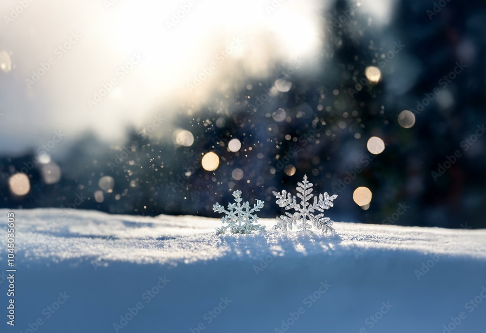 Poster two snowflakes rest on a snowy surface with a blurred, sunlit forest background.