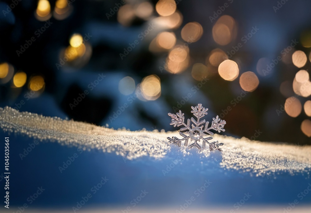 Aufkleber a delicate snowflake rests on a snow-covered surface with blurred twinkling lights in the background