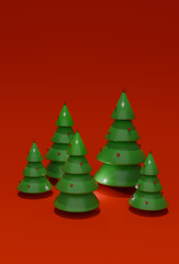 3d Christmas fir tree decorated with ornaments, isolated on red background.