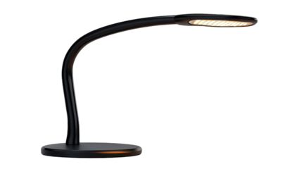 A sleek black desk lamp illuminating a workspace at dusk in a modern home office setup