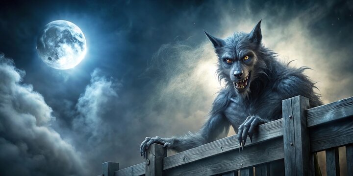 Close-Up Werewolf or Dogman cryptid looking over a fence on a foggy night