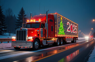 Christmas Decorated Semi Truck on Winter Highway 2025