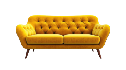 Vibrant yellow tufted sofa elevating modern living room aesthetics in a minimalist setting