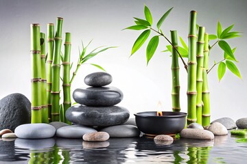 Spa Composition with Bamboo and Dark Gray Stones on White Background for Beauty Salons, Relaxation, Wellness, Spa Decor, Natural Elements, Tranquility, Zen Aesthetics