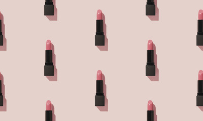 Seamless Pattern of pink lipstick tubes casting a shadow on a pink background, capturing the essence of beauty and cosmetics