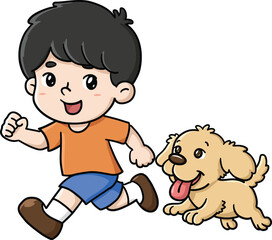 An image of a little boy and a cute puppy running together.
