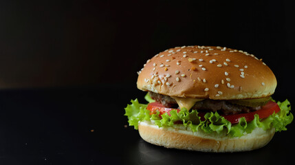 delicious close up of hamburger featuring sesame seed bun, fresh lettuce, juicy tomato, and savory beef patty, set against dark background