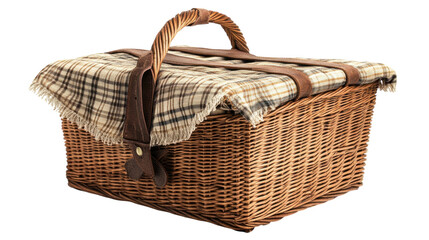 A charming picnic basket adorned with a cozy plaid blanket ready for a sunny outdoor adventure