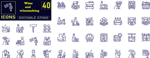 Set of line icons in linear style. Set - Wine and winemaking.